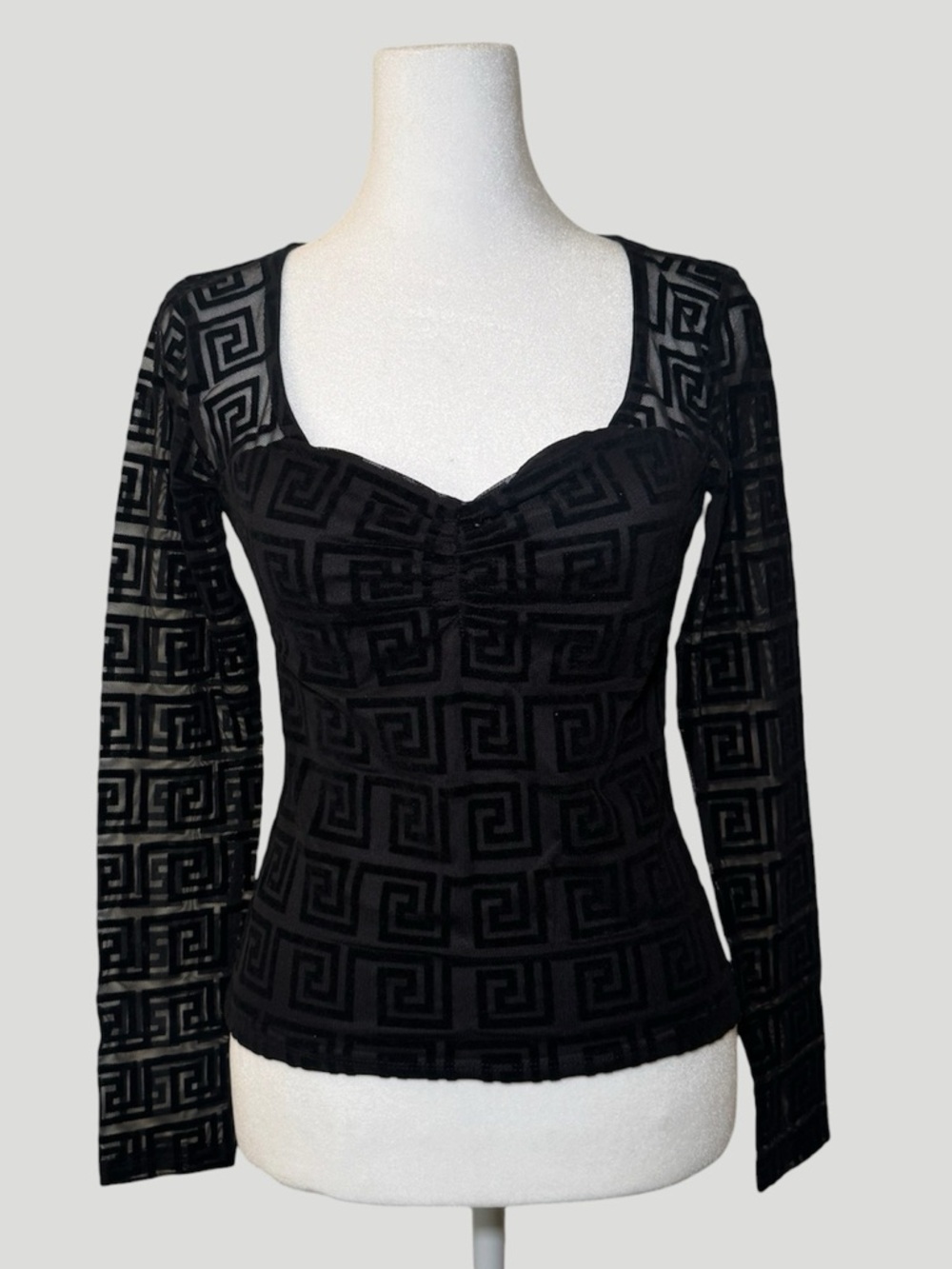 Vintage Y2K Eye Candy Black Velvet Greek Key Mesh Long Sleeve Top w/ Sheer Back